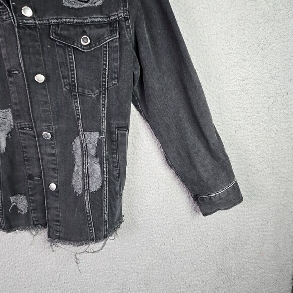 Divided Black Denim Jacket Thrashed Distressed Raw Hem Oversized Y2K Fall Retro - Picture 14 of 16